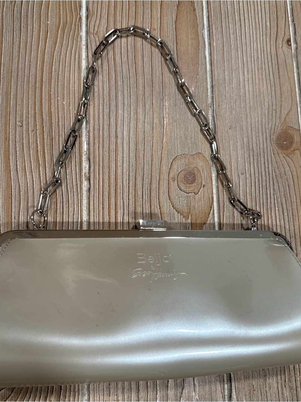 Vintage Beijo Pearl Cream Patent Clutch with Chain Strap